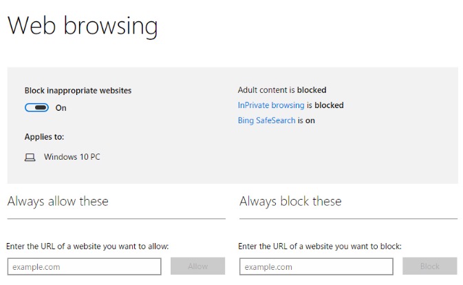parental control windows 10 block websites