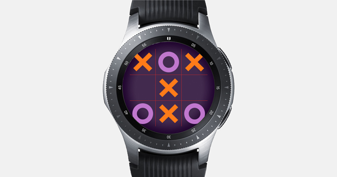Screenshot of the Galaxy Watch with Tic Tac Toe. Three X and Three O's, match is draw.