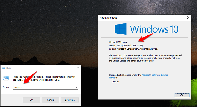 winver command to find windows version OS build details
