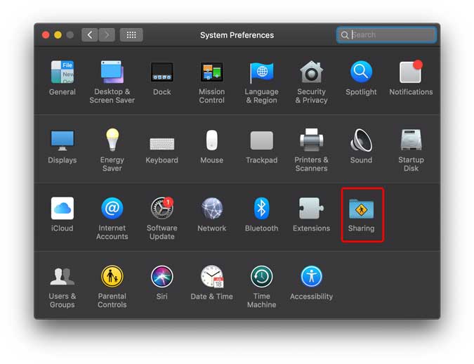 System Preferences window, Sharing icon marked in a red box