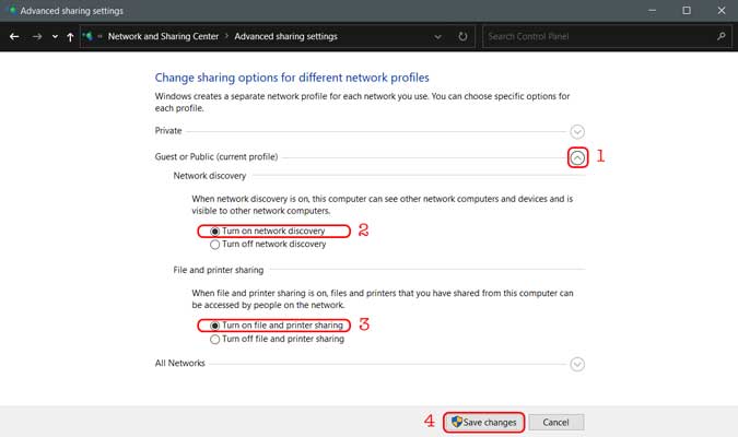 turn on file sharing in the advanced sharing settings