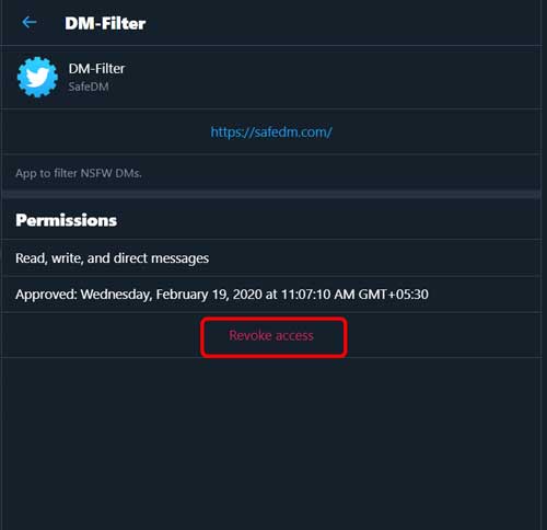 revoke access of the DM-Filter - Filter your Twitter DMs