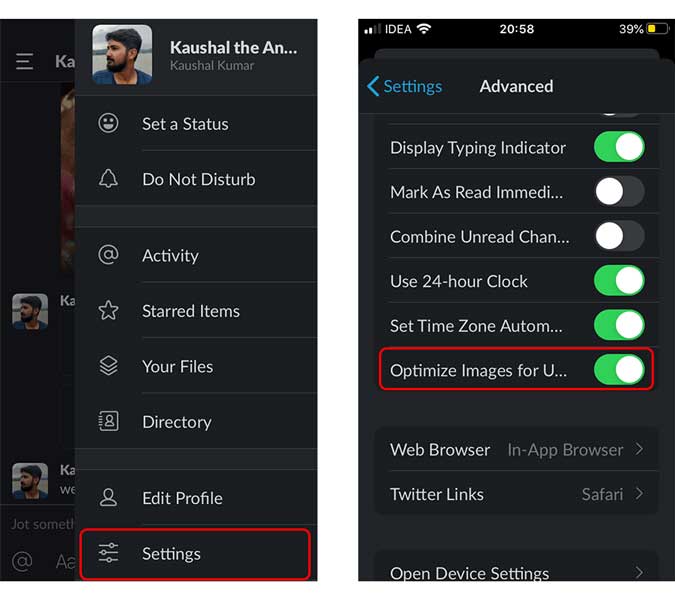 disable optimization on Slack app mobile - slack tips and tricks