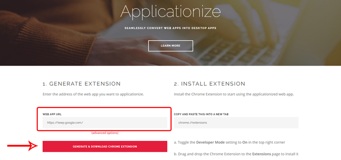 Using Applicationize website to convert keep website into chrome appo