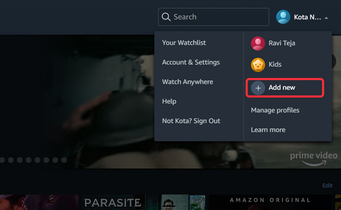 Creating a profile in Prime Video on Desktop PC