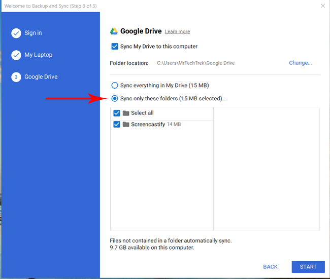 Selecting the folders of Google Drive to sync with file explorer