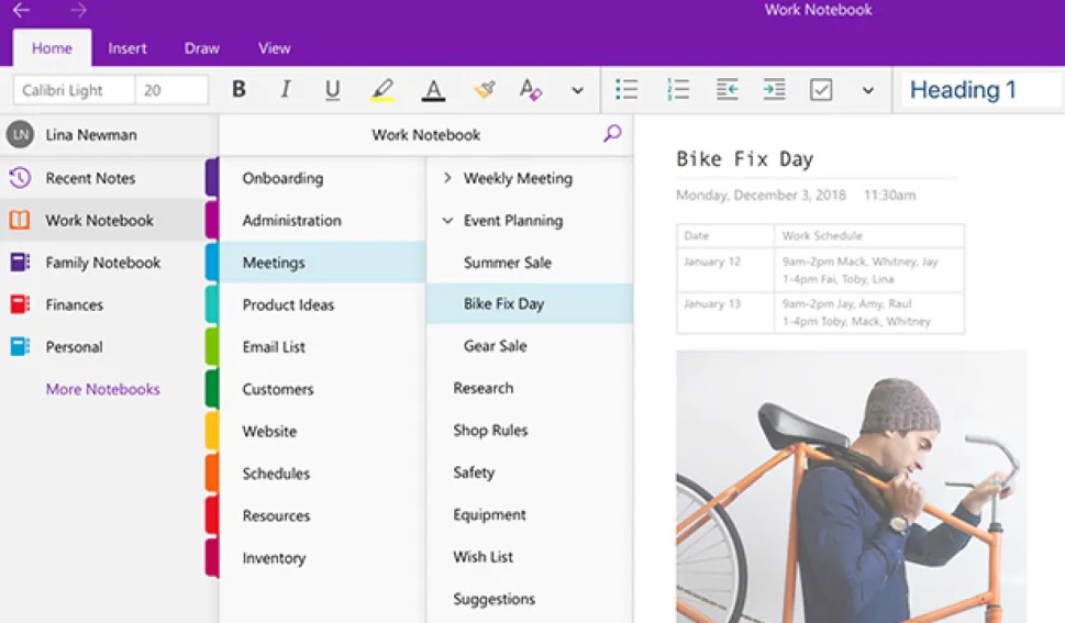 onenote notebooks, sections, notes hierarchy