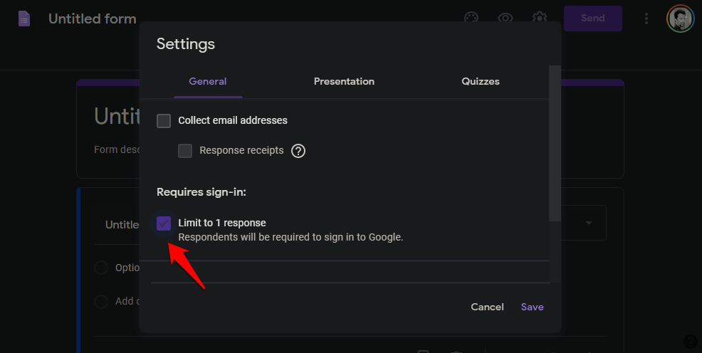 restrict one response per person in google forms