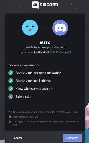 giving authorization to mee6 on discord 