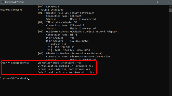 checking Hyper-V requirements on Compand prompt 