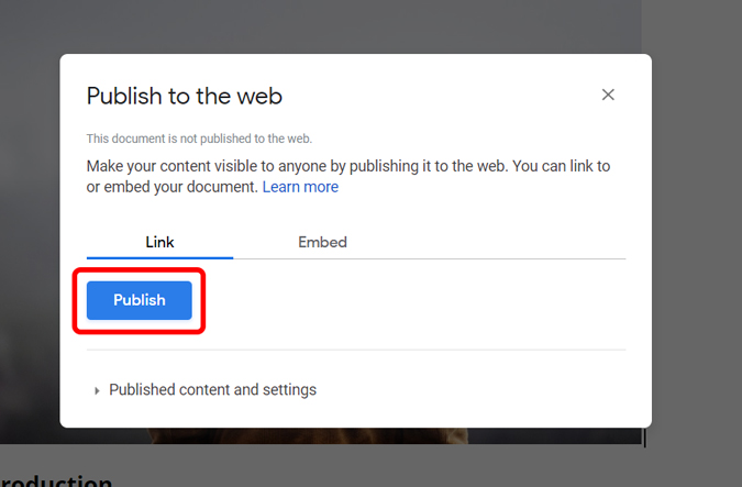 click on the publish to publish the doc to web