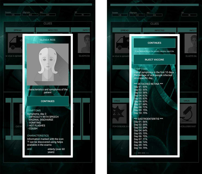 Images showing details of patient and virus in Medibot game