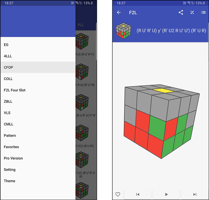 Menu and tutorial screenshot from Cube algorithm