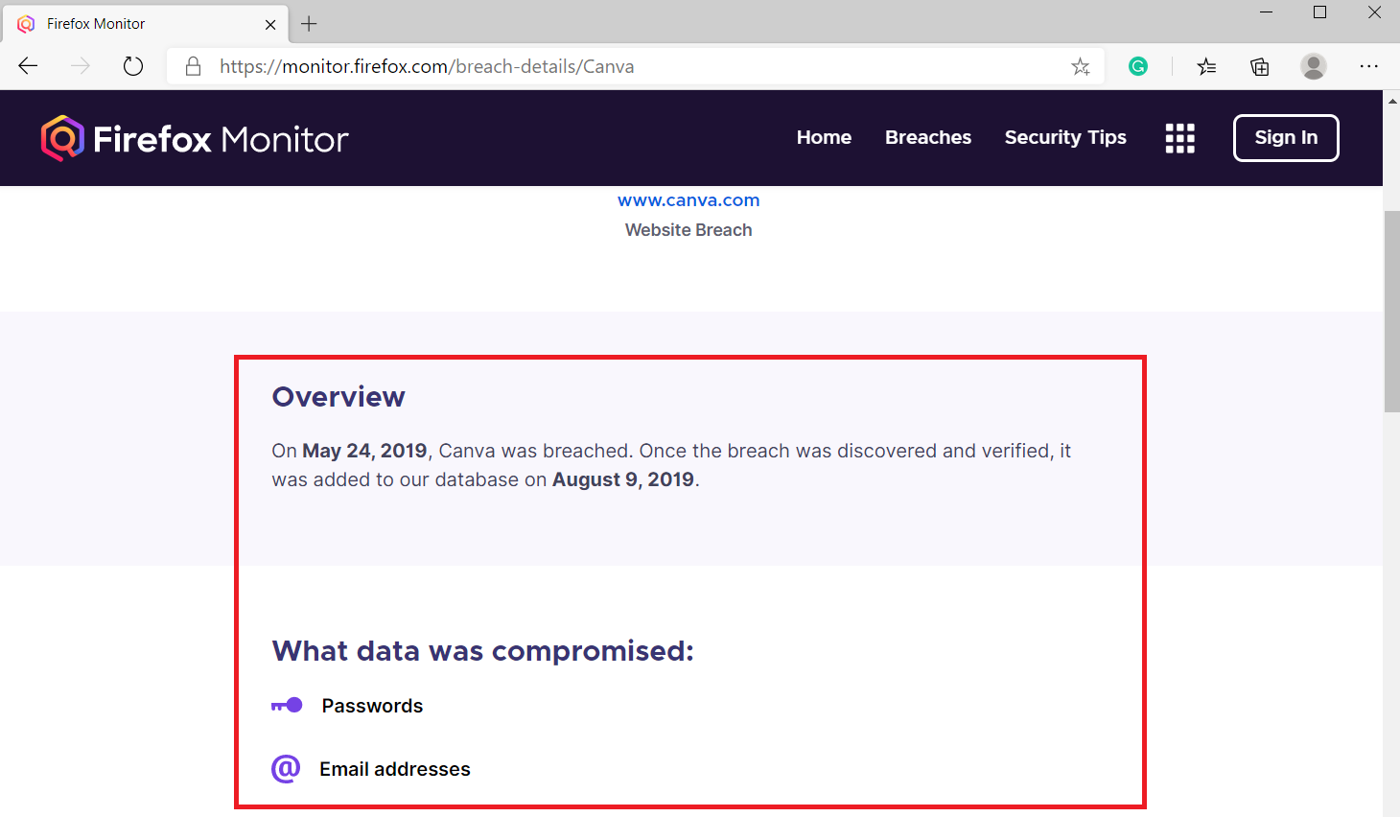 compromised data in Firefox Monitor