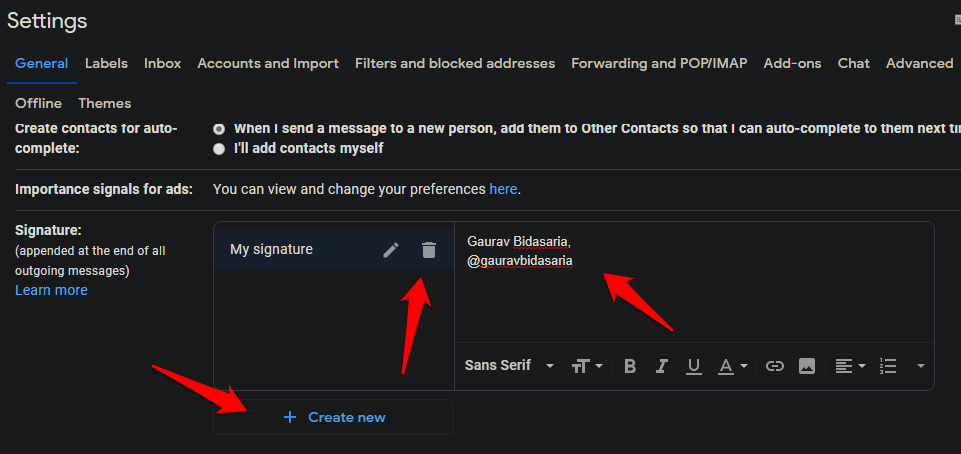 create, edit, manage signatures in gmail