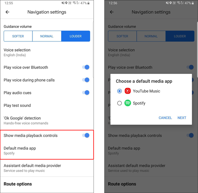 Changing media app on Google Maps to YouTube Music