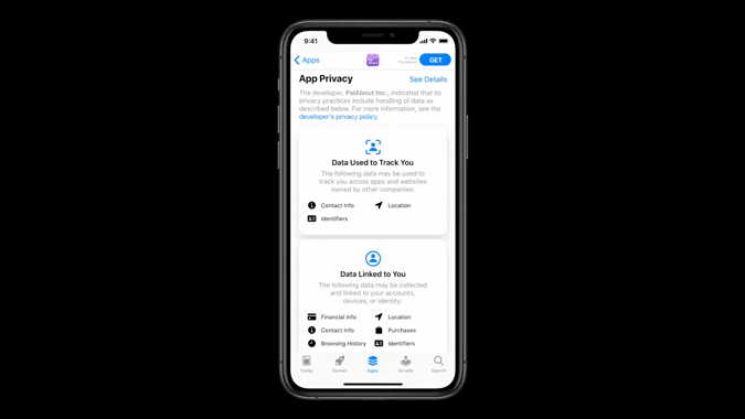 Apple App store showing App privacy featues of iOS 14