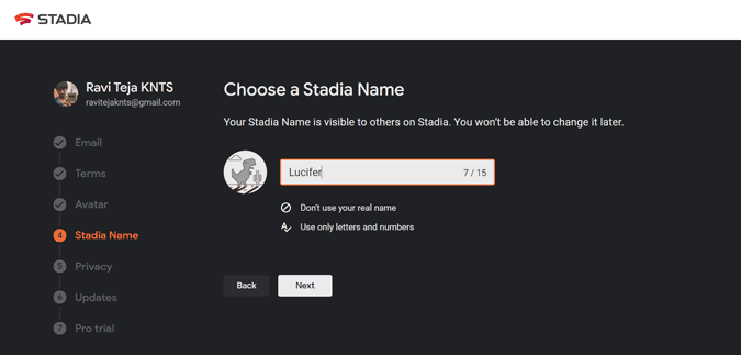 Configiring Stadia settings to get started