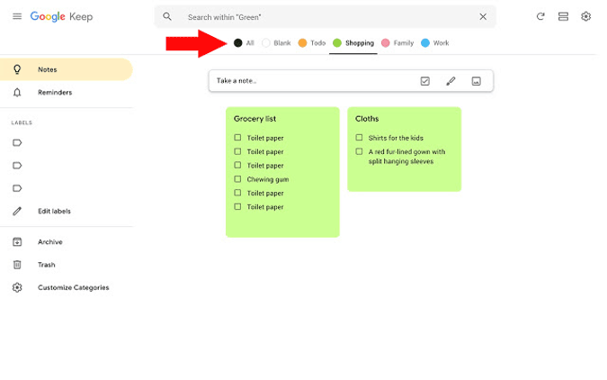 category tab for Google Keep 