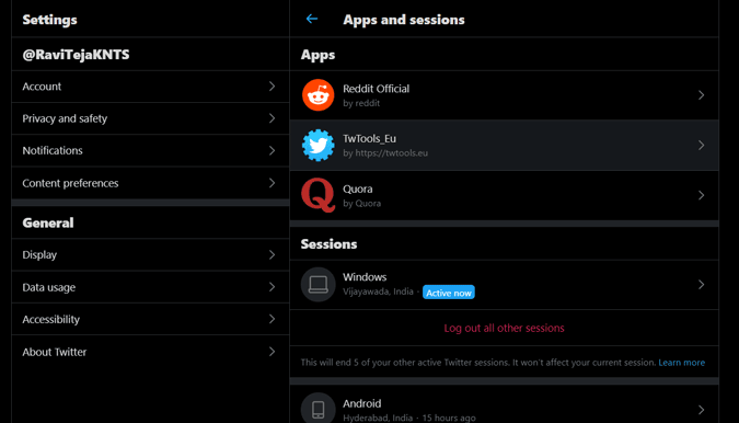 Navigating to Apps and Sessions settings on Twitter