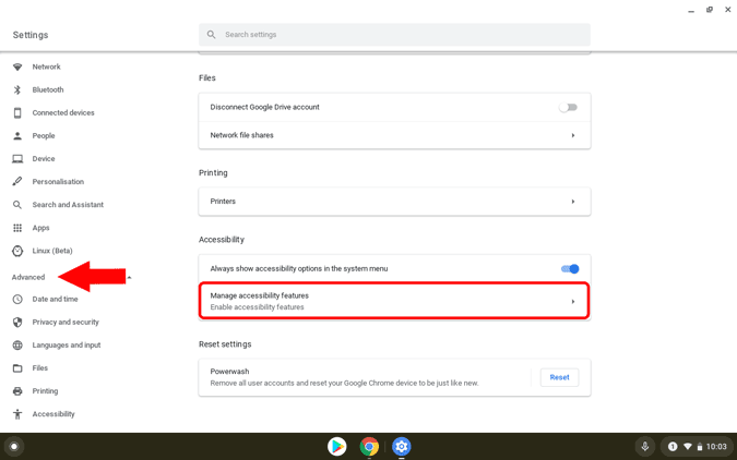 Manage accessibility features on Chromebook