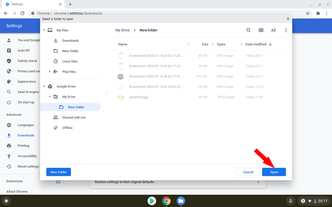 Selecting the downloads location on Google Chrome on Chromebook