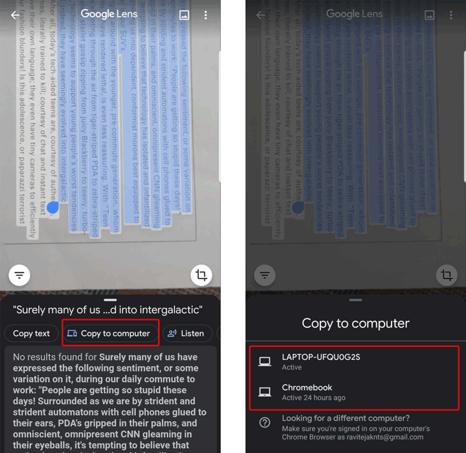 Coping text to computer with Google Lens 