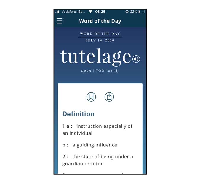 merriam-webster dictionary with tutelage word's definition on screen
