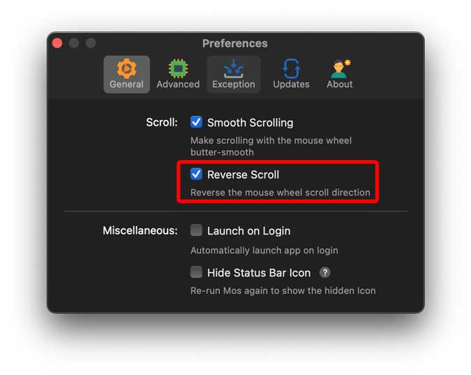 reverse scroll button in the settings