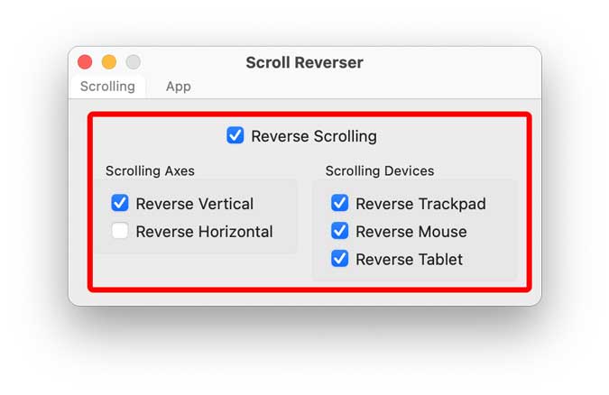 scroll reverser settings 