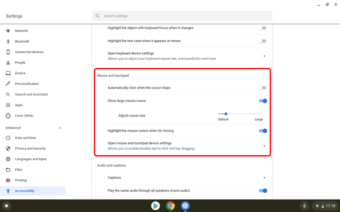 Mouse settings in Chromebook 