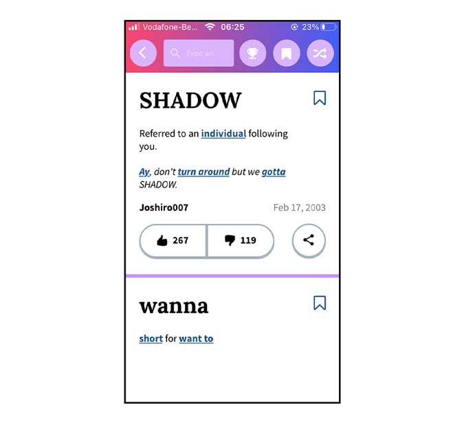 urban dictionary showing the definition of Shadow