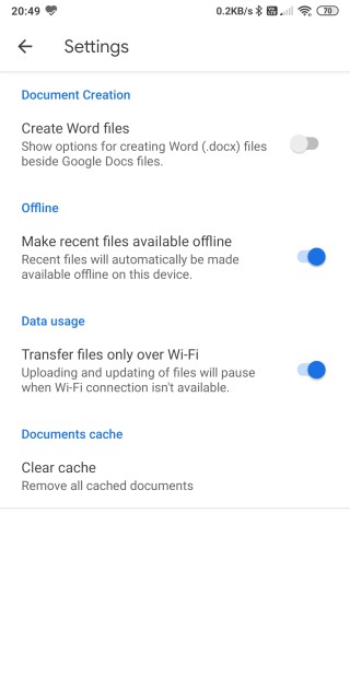 google docs mobile offline setting