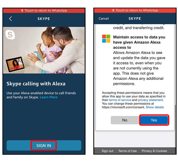 allow skype data access to Alexa