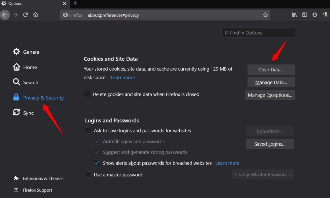 firefox cache and data settings