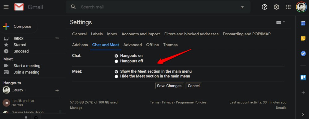 disable hangouts and meet in gmail