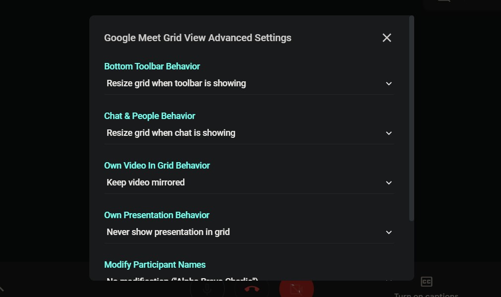 google meet grid view advanced settings