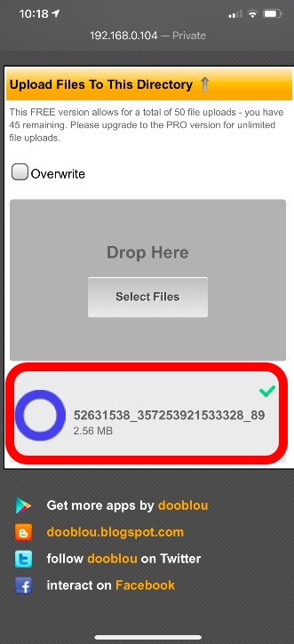 WiFi file transfer app on iPhone upload files