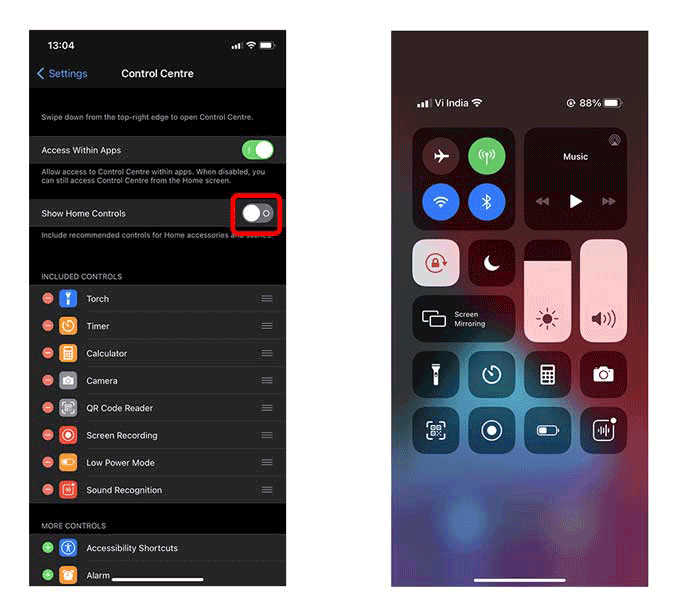 remove home controls from the control centre