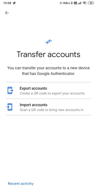 google authenticator transfer accounts window