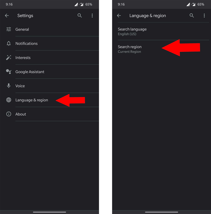 Changing Search region in the Google App Settings 