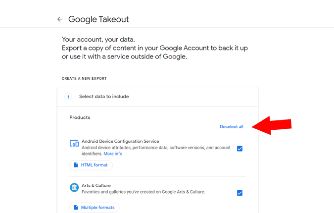 Deselecting all in Google takeout