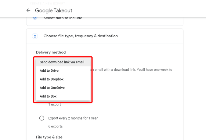 Choosing the download option in Google Takeout