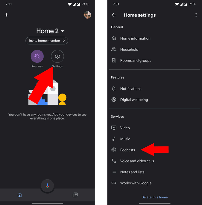 Opening Podcast settings in Google Home app