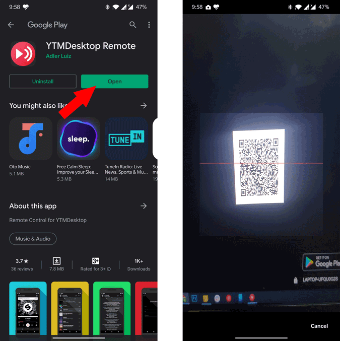 Sanning QR Code on Android with YTM Desktop Remote App