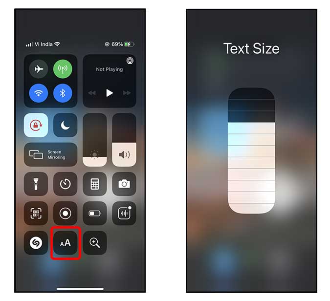 adjust text size with slider in control center