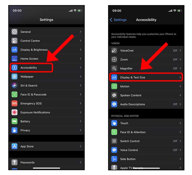 display & Text Size in Accessibility settings on ios