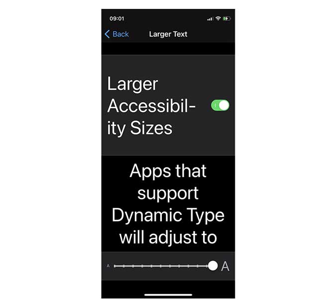 extreme text size in accessibility settings