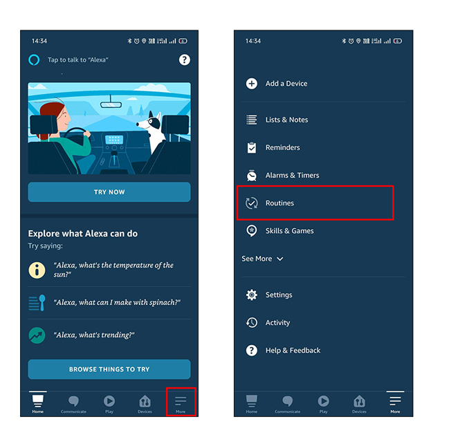 Browse to Alexa routine section in ALexa app by tapping on more 