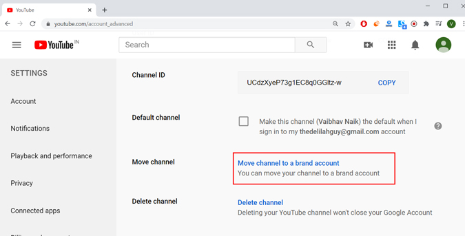 Move channel to a brand account in youtube